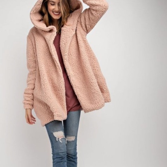 MAUVE OVERSIZED SOFT FAUX FUR- HOODIE JACKET - Picture 4 of 4